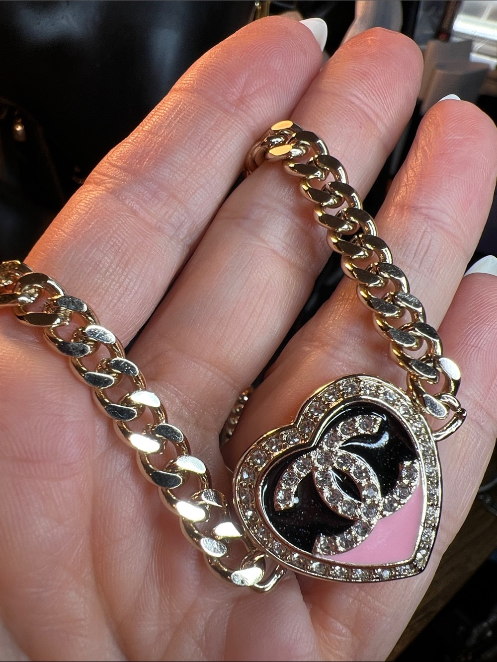 Gold-Tone Stainless Steel Heart Pendant Bracelet with Pink and Black Enamel